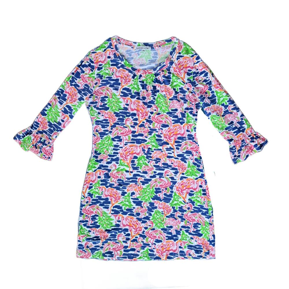BARBARA Gerwit Knit Shift Dress XL Flamingo Christmas Tree Tropical Print